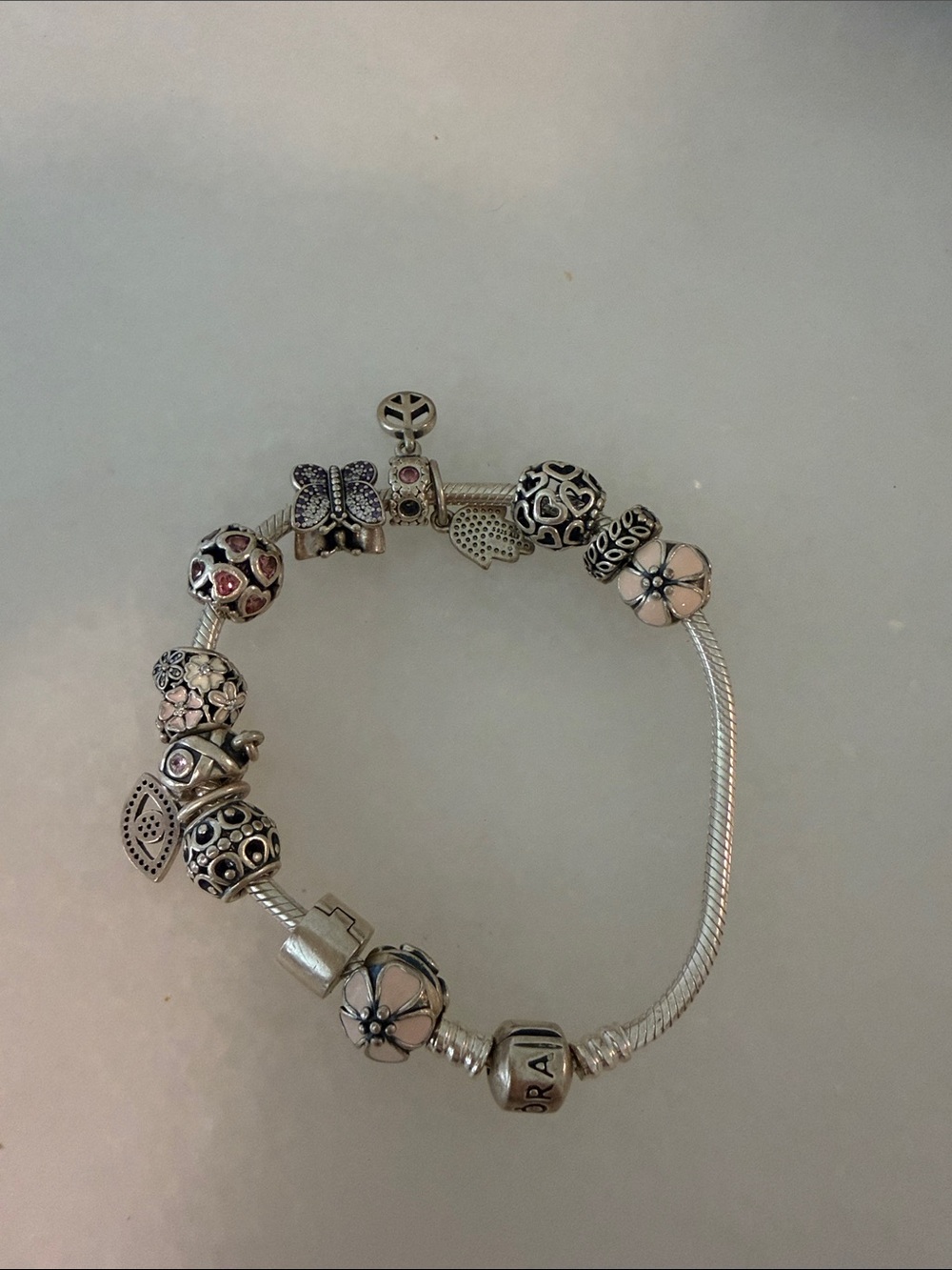 Pandora Silver Charm Bracelet with Pink Accents